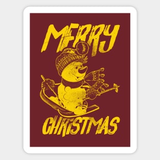 Skiing Snowman - Merry Christmas - Gold Magnet